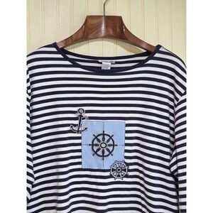 Fashion Classics Shirt Womens 2XL Navy White Striped Nautical Anchor Wheel Patch